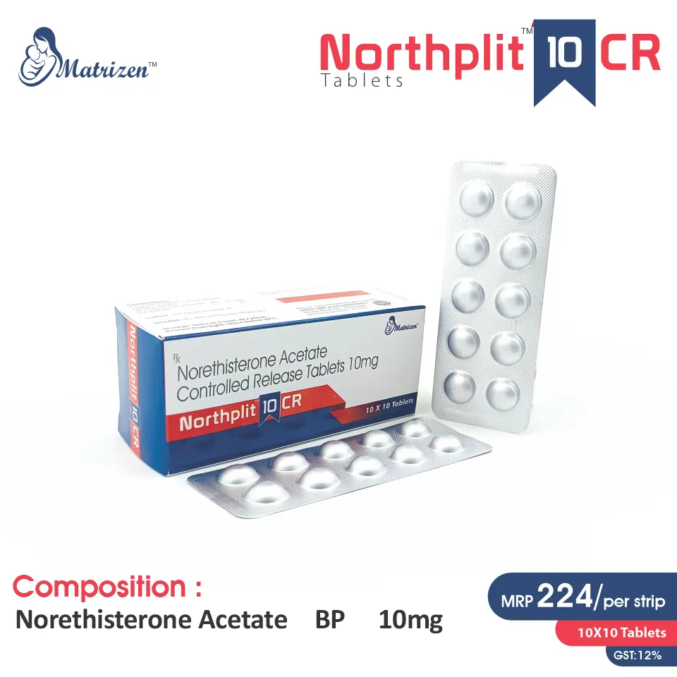 Norethisterone (10mg) Tablet at the best price in PCD Pharma Franchise for Progestin, Hormonal Regulation, and Menstrual Disorders.